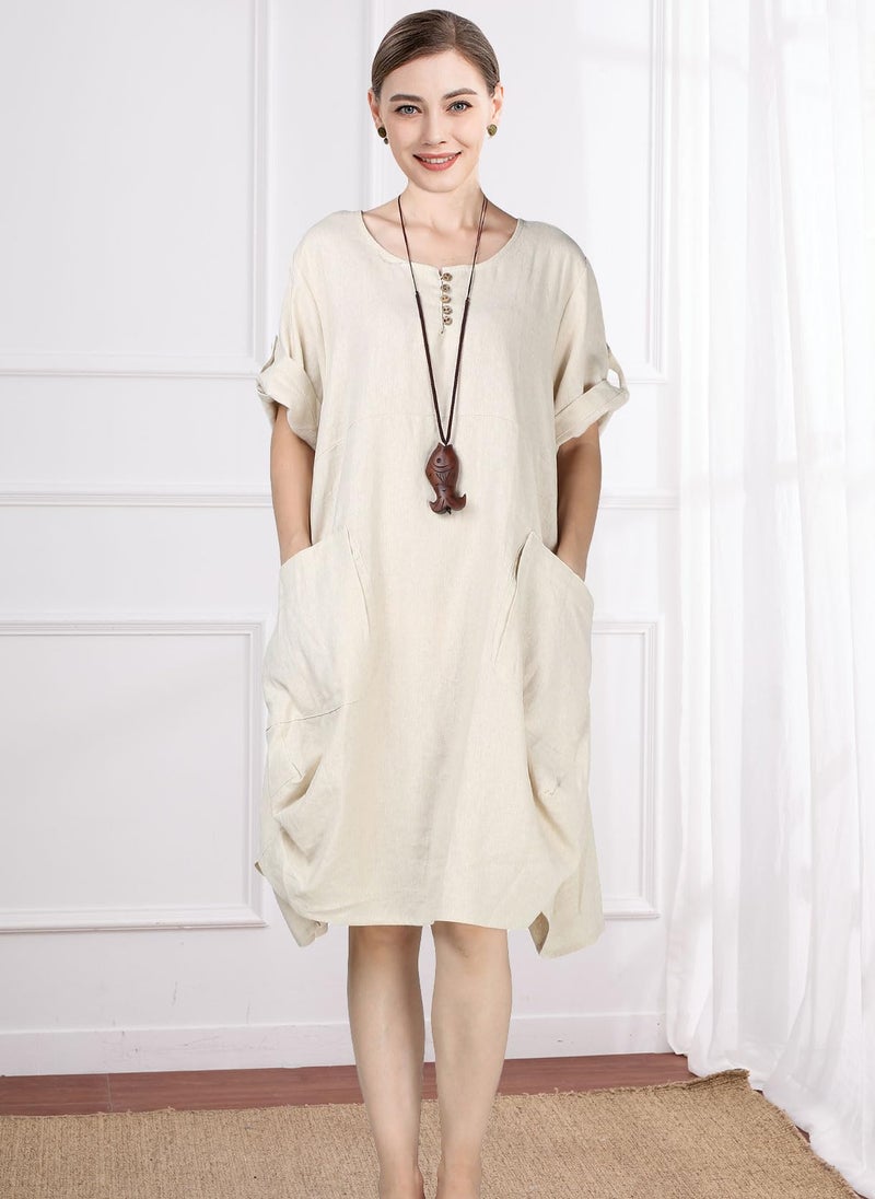 Minibee Women's Ruffle Oversize Casual Midi Dresses with Pockets (3XL, Beige) - Image 1